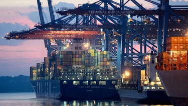 Containerschiffe liegen im Juni 2014 kurz nach Sonnenuntergang im Hafen in Hamburg am Terminal Burchardkai.  | Bild: picture-alliance/dpa