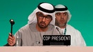 Sultan al-Dschaber , Präsident der COP28, schlägt in Dubai den Hammer während einer Plenarsitzung auf dem UN-Klimagipfel | Bild: dpa-Bildfunk/Kamran Jebreili