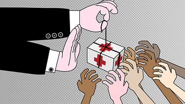 Illustration: Die dicken Hände eines Wohlhabenden halten ein Carepaket und wehren gleichzeitig Bedürftige ab | Bild: BR/Christian Sonnberger