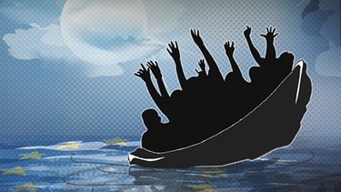 Illustration "Europäischen Flüchtlingspolitik", Flüchtingsboot kentert im Meer | Bild: colourbox.com, Montage: BR/Renate Windmeißer