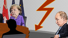 Illustration: Francois Hollande, Barack Obama und Angela Merkel am G7-Konferenztisch, rechts ist eine Ecke des Tisches abgebrochen, an der ins Abseits geschoben Vladimir Putin sitzt | Bild: picture-alliance/dpa, colourbox.com; Montage: BR