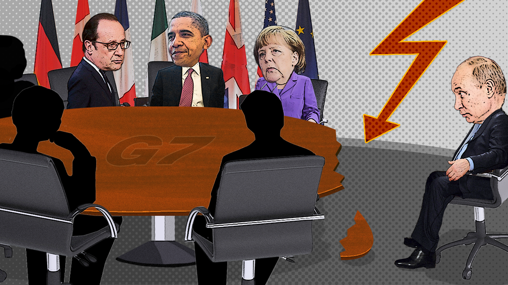 Illustration: Francois Hollande, Barack Obama und Angela Merkel am G7-Konferenztisch, rechts ist eine Ecke des Tisches abgebrochen, an der ins Abseits geschoben Vladimir Putin sitzt | Bild: picture-alliance/dpa, colourbox.com; Montage: BR
