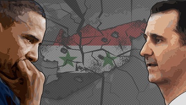 Ilustration: Syrien und die Welt zersplittert, im Vordergrund Obama und Assad | Bild: picture-alliance/dpa, BR, Montage: BR