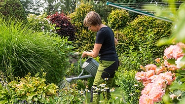 Gärtnern als Seelenbalsam - Symbolbild (Frau gießt ihren Garten) | Bild: picture-alliance/dpa/Benjamin Nolte