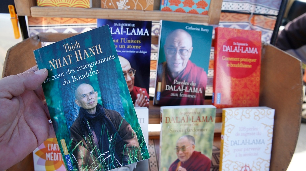 Tich Nhat Hanh - Abbildung auf Buchumschlag, zusammen mit anderen Büchern über Buddhismus | Bild: picture alliance_Godong_Fred de Noyelle
