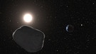 Asteroid, im Hintergrund die Erde | Bild: picture-alliance/dpa