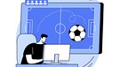 Illustration eines Mannes vor einem Bildschirm mit einem Fußballfeld und fliegendem Fußball im Hintergrund. | Bild: colourbox.com/Visual Generation