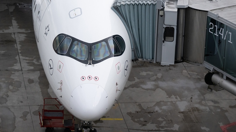 Ein Airbus A350 der Lufthansa steht am Flughafen München an einem Gate.  | Bild: picture-alliance/dpa