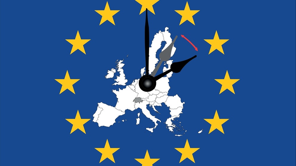 Uhr mit Europasternen und Europakarte symbol für Zeitumstellung | Bild: colourbox.com