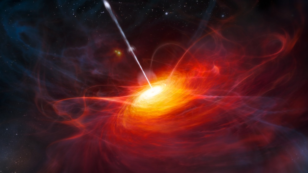 Darstellung eines Quasars, der durch ein superschweres Schwarzes Loch Energie erhält. | Bild: picture-alliance/dpa