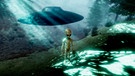Eine Illustration eines Außerirdischen in einem Wald, im Hintergrund ein UFO. | Bild: stock.adobe.com/ Sasa Kadrijevic
