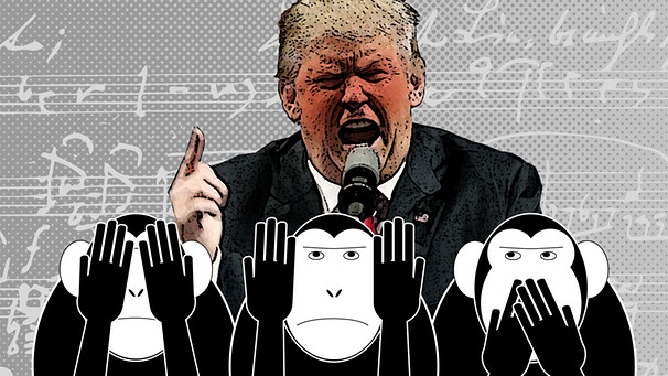 Illustration: Trump schwadroniert, die drei Affen halten sich Augen, Ohren und Mund zu | Bild: picture-alliance/dpa, BR, Montage: BR