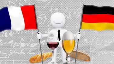 Symbolbild: Figur hält lächelnd die Flaggen von Frankreich und Deutschland | Bild: colourbox.xom, BR, Montage: BR