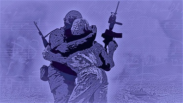 Illustration: Soldaten umarmen sich auf dem Schlachtfeld  | Bild: picture-alliance/akg, colourbox.com; Farbeffekt: BR