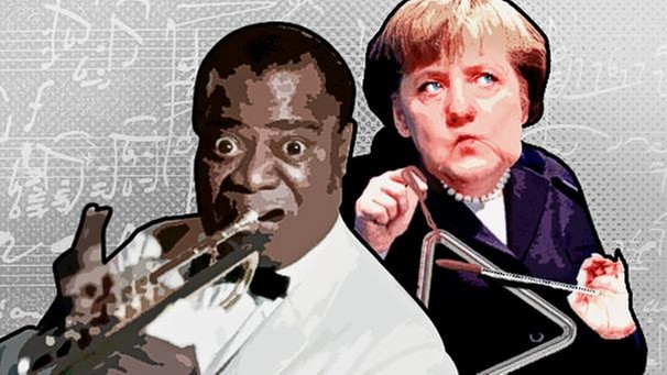 Louis Amstrong an der Trompete mit Angela Merkel an der Triangel | Bild: picture-alliance/dpa; Montage: BR/Tanja Begovic
