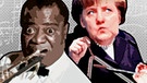 Louis Amstrong an der Trompete mit Angela Merkel an der Triangel | Bild: picture-alliance/dpa; Montage: BR/Tanja Begovic