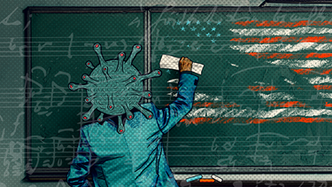 lllustration: Lehrer-Figur mit Kopf in Viren-Form wischt Stars and Stripes von einer Tafel | Bild: BR / Anna Hunger