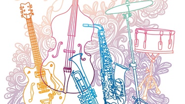 In verschiedenen Farben gezeichnete Instrumente (Gitarre, Bass, Trompete, Saxofon, Schlagzeug) | Bild: colourbox.com