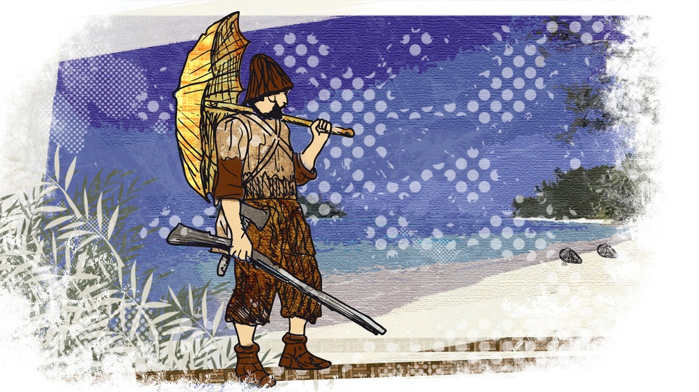 Illustration des Kalenderblatts: Alexander Selkirk betritt die Robinson-Insel | Bild: BR/ Sandra Rosyk