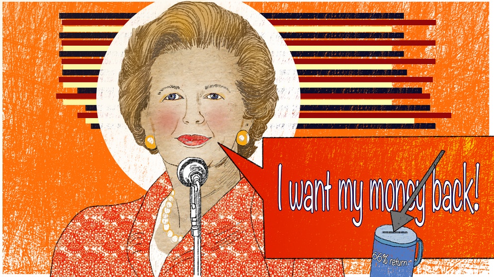 Illustration Kalenderblatt:Margaret Thatcher setzt Britenrabatt bei der EU durch | Bild: BR/ Angela Smets