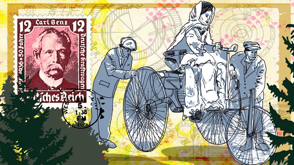Illustration des Kalenderblatts: Bertha Benz bricht auf zu Überlandfahrt | Bild: BR, Angela Smets