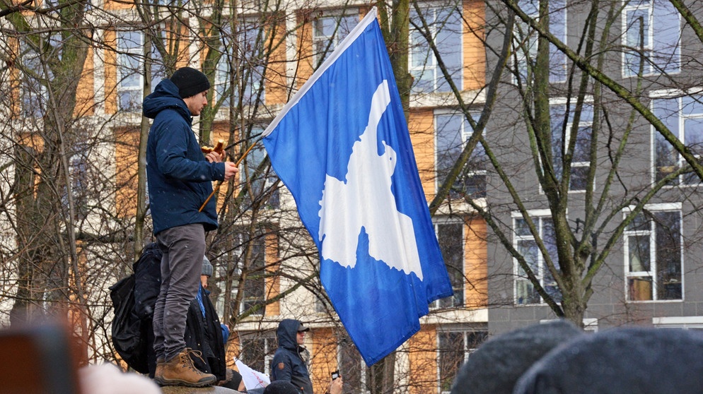 "Aufstand für den Frieden" - Kundgebung am 25.02. in Berlin (Mann mit Fahne mit Friedenstaube) | Bild: picture alliance_dpa_Reinhard Kaufhold