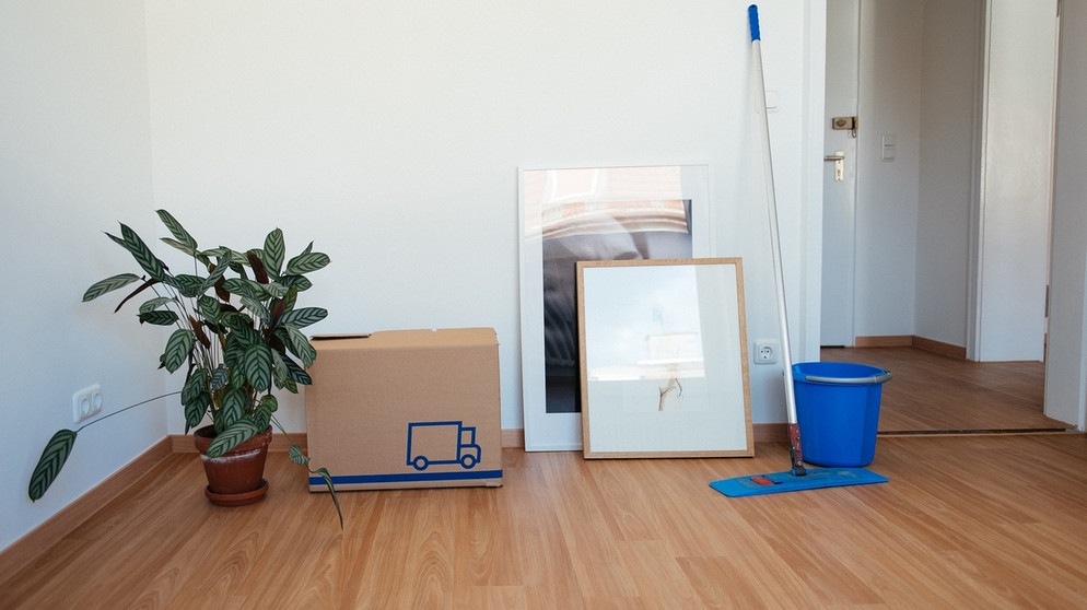 Symbolbild Umzug (Umzugskiste, Zimmerpflanze, gerahmte Bilder und Reinigungsutensilien in einer leeren Wohnung) | Bild:  BR Julia Müller