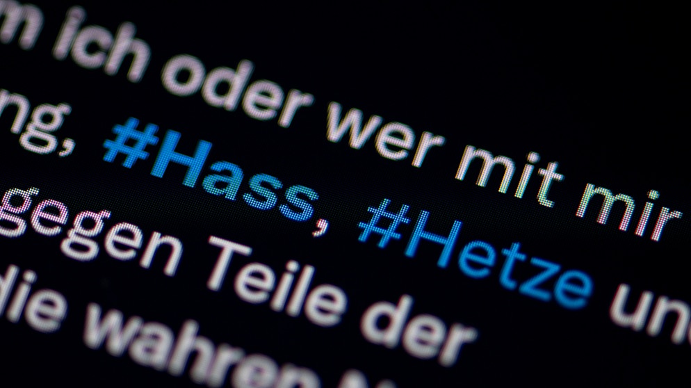 Auf dem Bildschirm eines Smartphones sieht man die Hashtags Hass und Hetze in einem Twitter-Post | Bild: picture alliance / dpa / Fabian Sommer