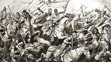 Ungarnschlacht auf dem Lechfeld, 955 n. Chr., historische Illustration | Bild: mauritius-images