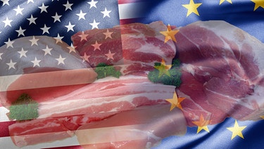 Verschiedene Fleischsorten; im Hintergrund ineinander verlaufende Flaggen der USA und er EU: Chlorhühnchen und Hormonfleisch aus den USA - Ist unsere Gesundheit in Gefahr? | Bild: colourbox.com; Montage: BR