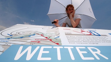 Kathrin Krell betrachtet im Wetterpark in Offenbach am Main eine Wettergrafik | Bild: picture-alliance/dpa