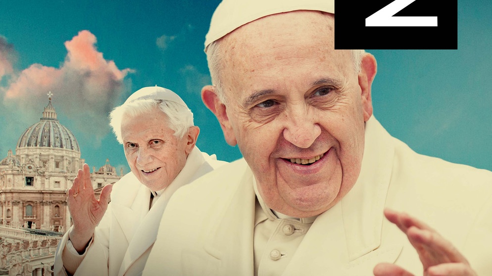 Montage: Papst Benedikt und Papst Franziskus, im Hintergrund der Vatikan | Bild: BR/Johannes Moths, mauritius images/UPI/Alamy/Alamy Stock Photos, Isarfilm/Paul-Georg Busse; Montage: BR