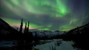 Aurora borealis or northern lights above the mountains and over the Wheaton River outside of Whitehorse, Yukon Territory, Canada. | Bild: picture alliance / All Canada Photos | Robert Postma