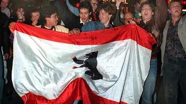 Jubelnd feiern die Berliner in der Nacht des 21. Juni 1991 die Entscheidung für Berlin als Regierungssitz.  | Bild: picture-alliance/dpa