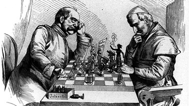 Holzstichkarikatur von Bismarck und Papst Pius dem Vierten beim Schachspielen | Bild: picture-alliance / akg-images 