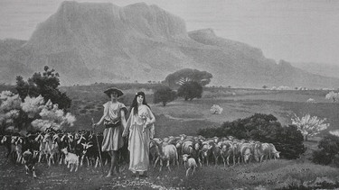 Daphnis und Chloe auf einem Feld mit Schafen | Bild: picture-alliance/dpa