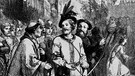 Der englische Sagenheld Robin Hood (mit Pfeil und Bogen) in einer zeitgenössischen Darstellung. | Bild: picture-alliance/dpa