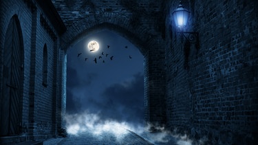 Eine dunkle Gasse bei Nacht im Mondschein. | Bild: stock.adobe.com/ winyu