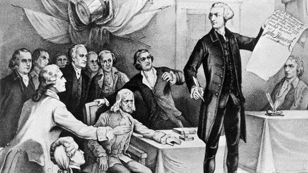 Das Bild nach einer Lithografie von Currier und Ibes aus dem Jahr 1876 zeigt John Hancock, einer der Mitglieder des Kontinentalen Kongresses, nach der Unterzeichnung der amerikanischen Unabhängigkeitserklärung am 4. Juli 1776 in Philadelphia | Bild: picture-alliance/dpa