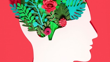 Pflanzen und Blumen mit einem aus Papier ausgeschnittenem Kopf vor rotem Hintergrund. | Bild: picture alliance / Westend61 | Gemma Ferrando