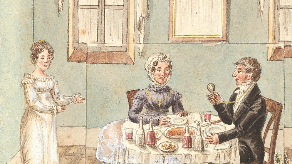 Illustration einer Familie beim Essen in einem im Biedermeier Stil eingerichteten Haus. | Bild: picture-alliance/Fine Art Images/Heritage Images