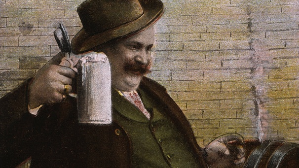 Biertrinkender Bayer mit Maßkrug und Zigarre, Farblithographie, Postkarte um 1901 | Bild: picture-alliance/dpa