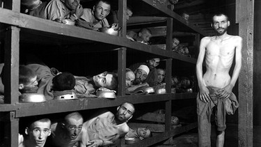 Befreite Häftlinge des KZ Buchenwald in den Schlafboxen des Kleinen Lagers | Bild: Sammlung Gedenkstätte Buchenwald