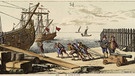 Aufbruch zur 1. Entdeckungsfahrt Palos am 3. August 1492. Kupferstich von Schleuen nach Daniel Chodowiecki (1726-1801) | Bild: picture-alliance/dpa