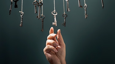Eine Hand greift nach einem Schlüssel unter vielen. | Bild: Colourbox.com
