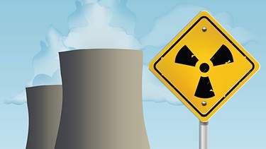Ilustration: Kraftwerke und ein Schild mit dem Zeichen für radioaktiv | Bild: colourbox.com