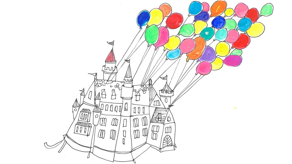 Skizze: Utopie - Luftschloss wird von bunten Ballons davongetragen | Bild: Petra Herrmann