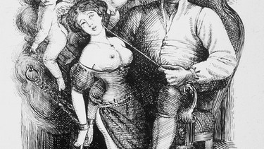 Marquis de Sade in einer Zeichnung mit Frau und Engeln mitsamt Peitschen | Bild: picture-alliance/dpa