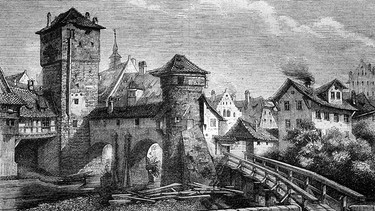 Historischer Holzstich vom Henkersteg und Eisenturm in Nuernberg, ca. 1888 | Bild: picture-alliance/dpa