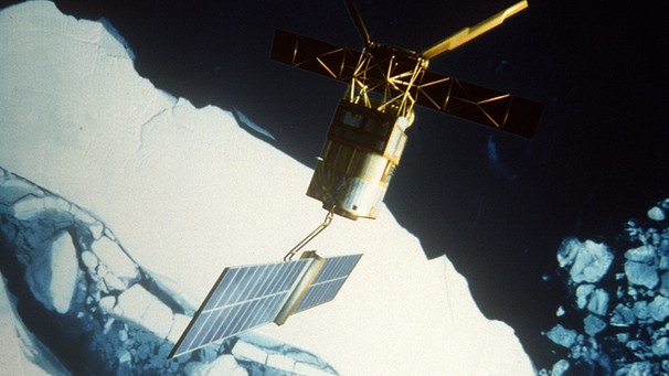 Eine Zeichnung des europäischen Satelliten ERS-1 von 1993. Der Satellit umrundet die Erde in 780 Kilometern Höhe und erforscht die Erdoberfläche mit Radarsystemen | Bild: picture-alliance/dpa